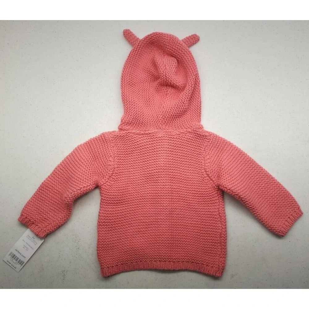 Carter's Girls' Coral Pink Hooded Knit Sweater w/Bear Ears Size 6m NEW!